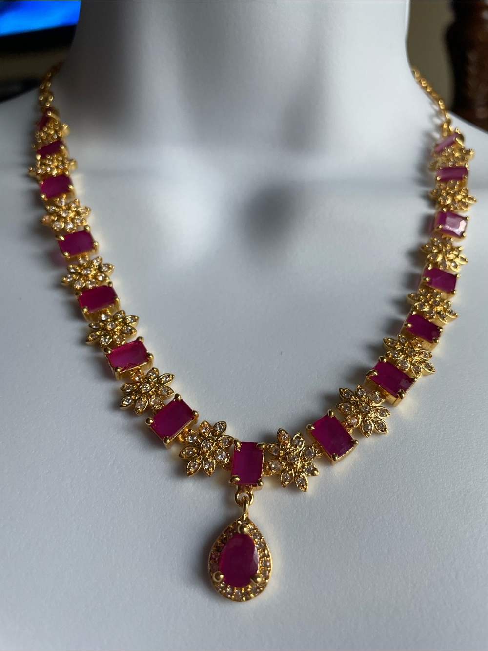 Gold and Fuchsia Gem Floral Pendant Necklace - Women Jewelry